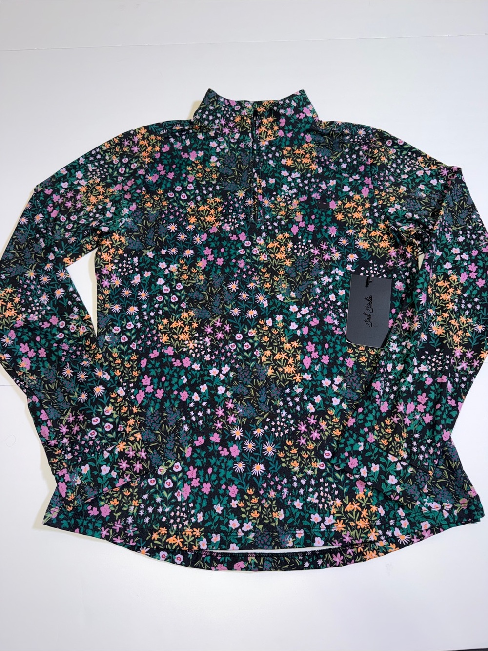 Bad Birdie Floral Quarter-Zip Pullover in Black with Pink & Green Flowers